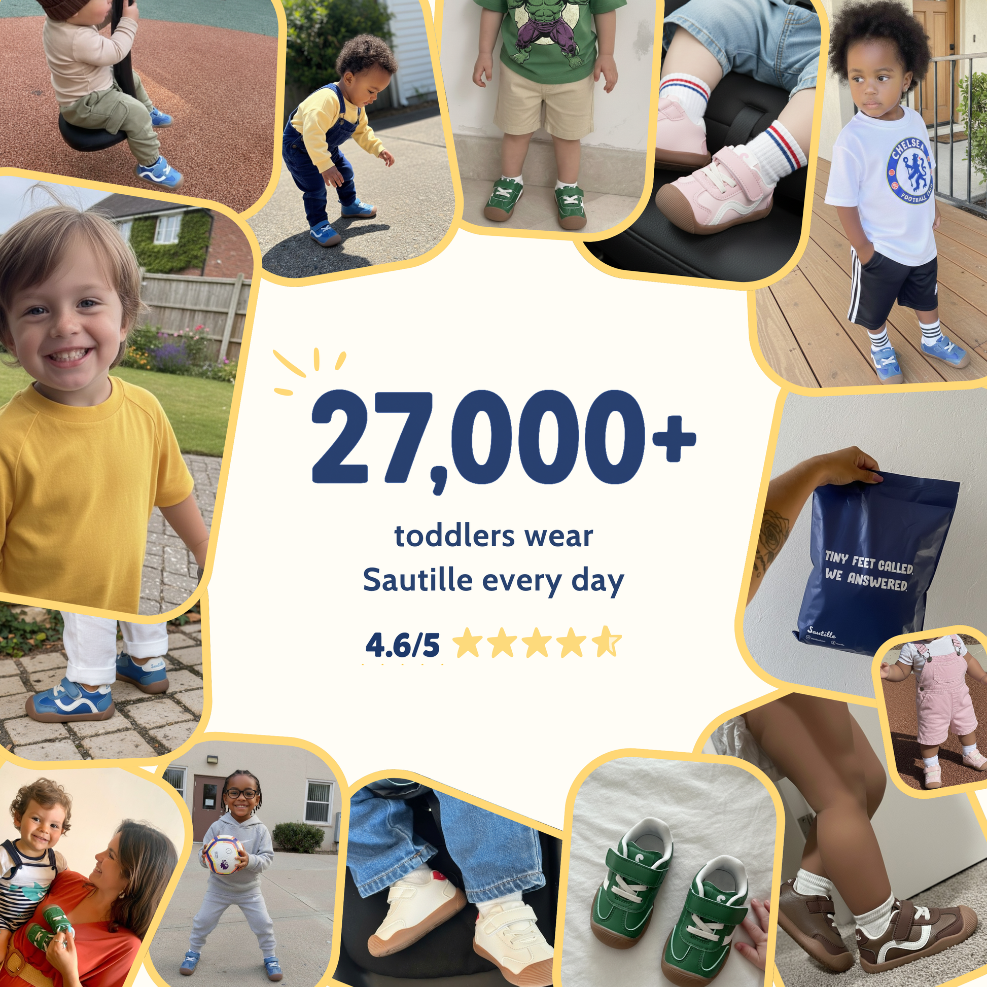 Collage of children wearing barefoot shoes from Sautille with text about Sautille brand popularity.